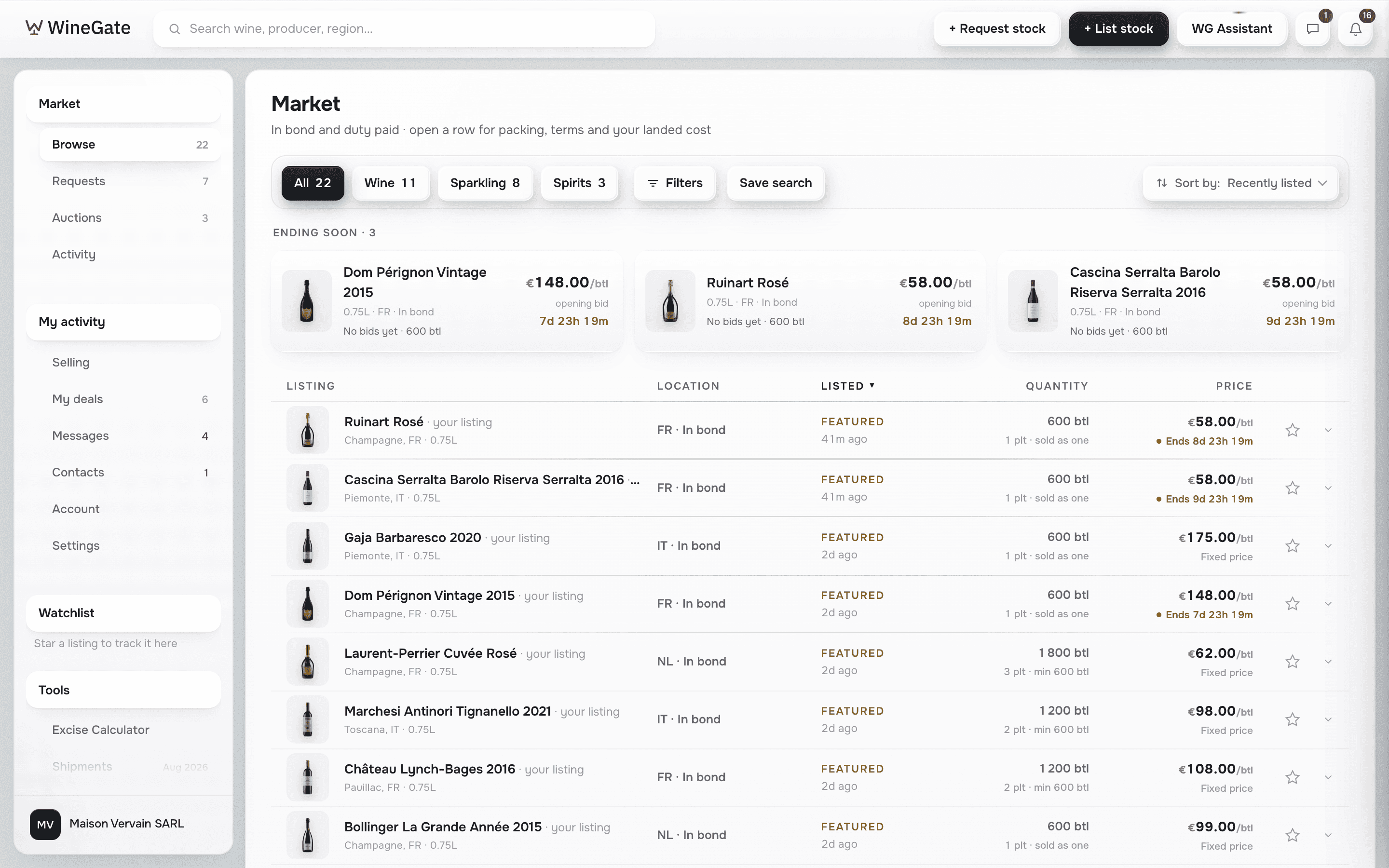 WineGate market — browse lots